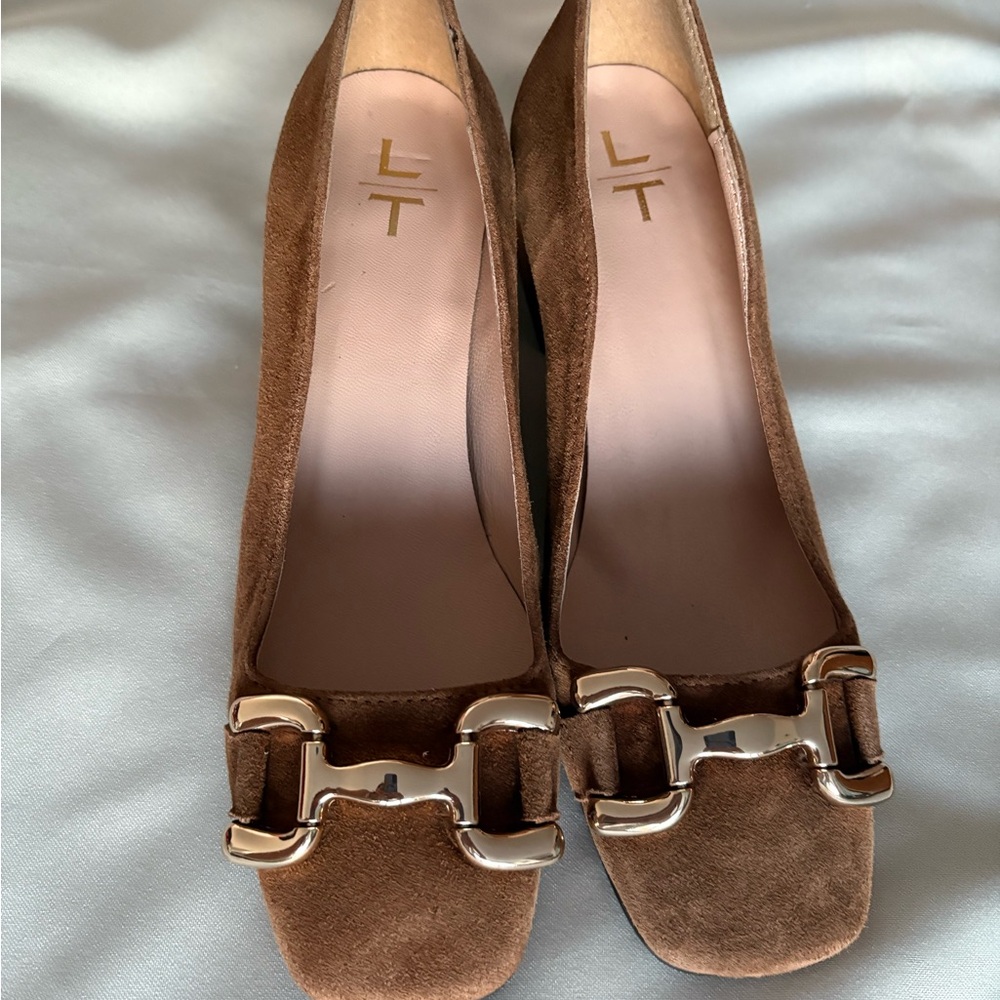 Brown Suede Flats with Gold Embellishment
